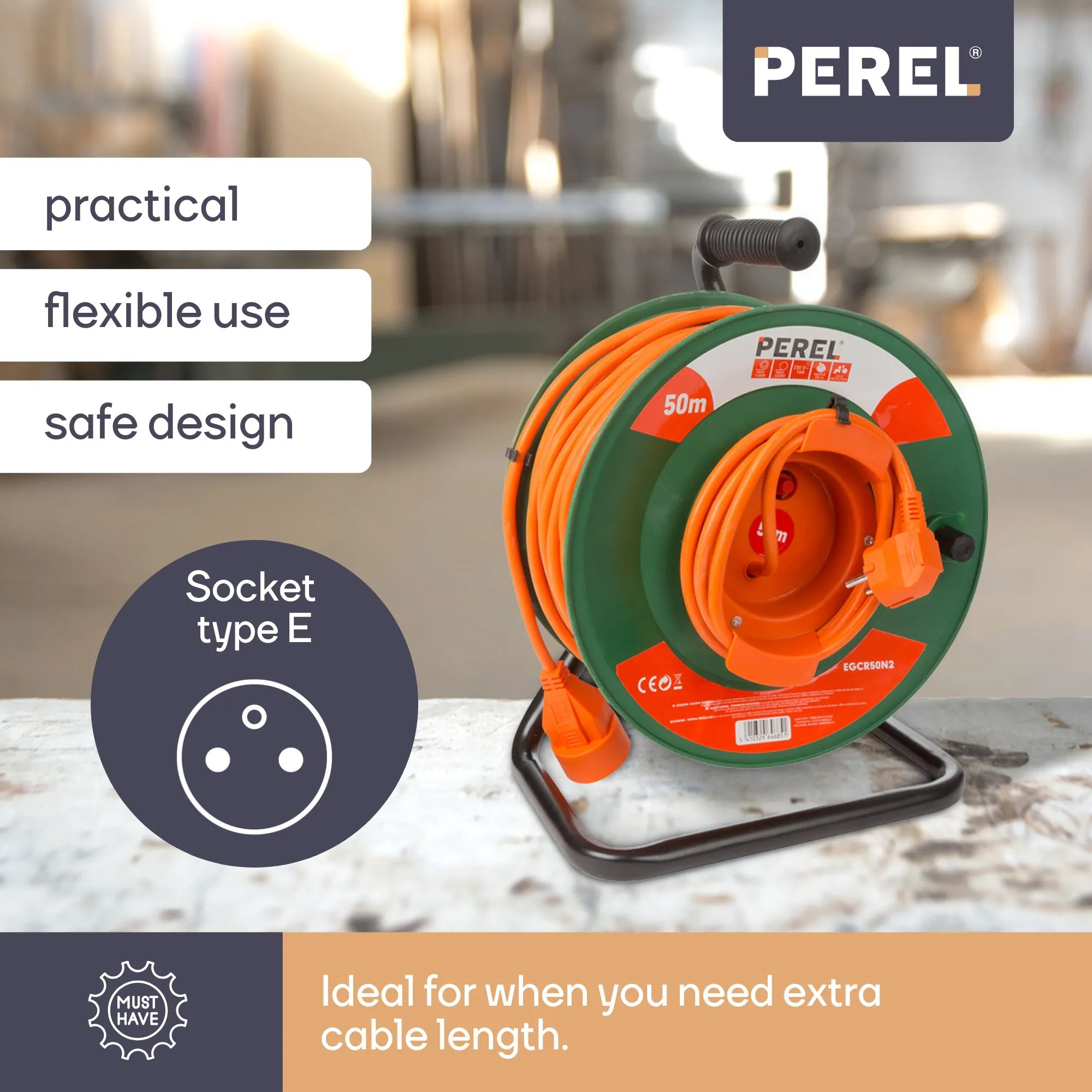 Cable reel, indoor use, French earthing, thermal protection, cable length 50 m, 3G1.5, orange/green