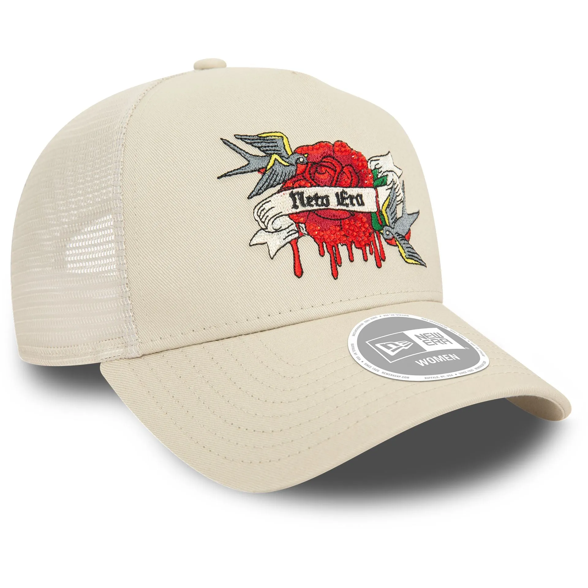 Gorra de camionero ajustable New Era para mujer en color beige claro 9FORTY E-Frame.