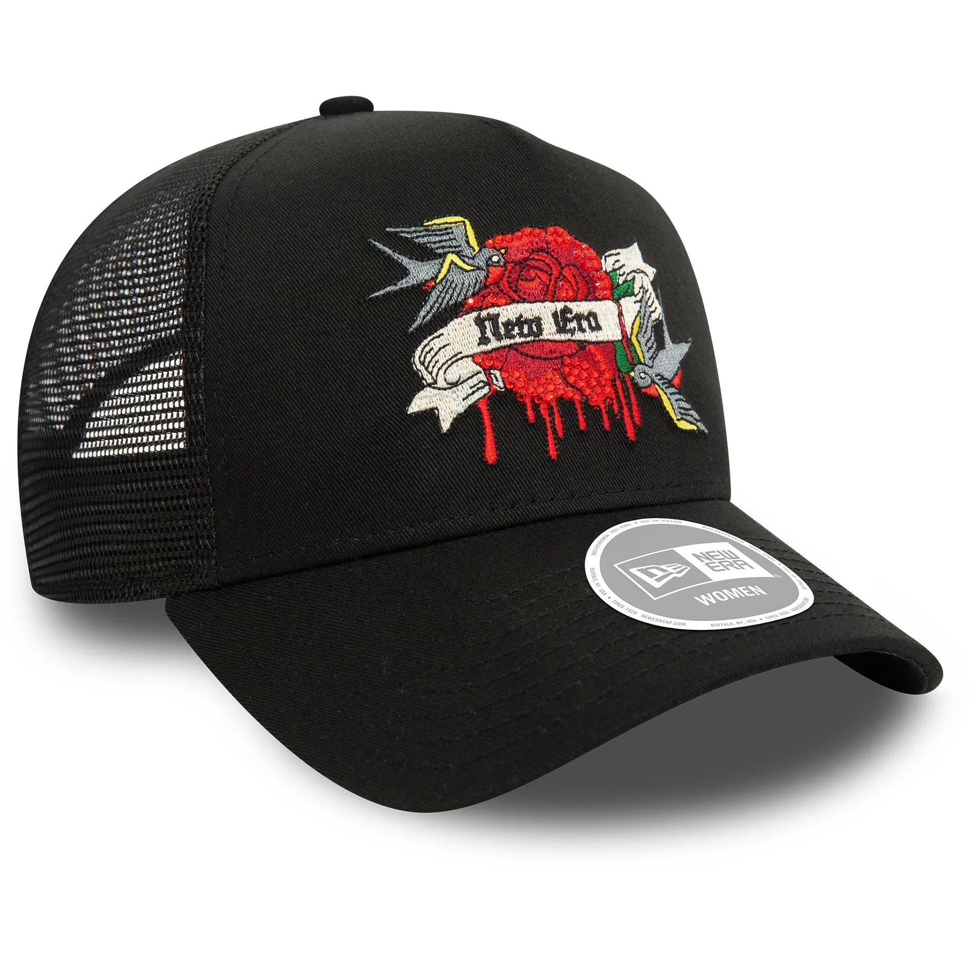 Gorra de camionero ajustable New Era para mujer en negro 9FORTY E-Frame