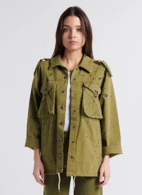 PLEASE Chaqueta recta con cuello clásico y estampado de manchas de pintura en caqui