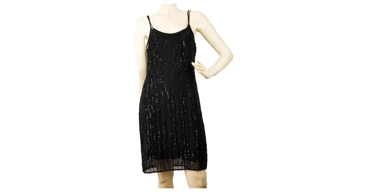 Vestido de cóctel de noche con pedrería y mangas spagetti de MCM 38 Negro 